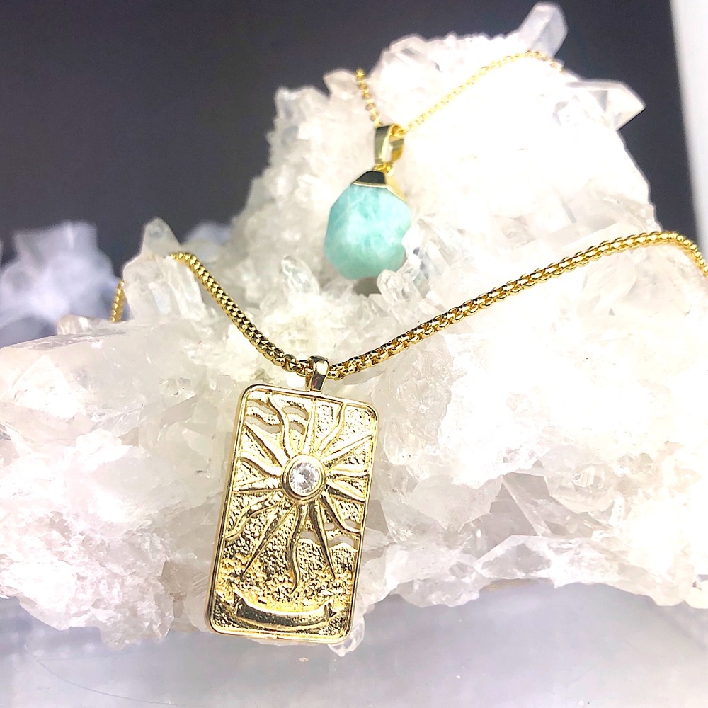 Natural Amazonite Crystal Tarot Layered Gold Plated Necklace